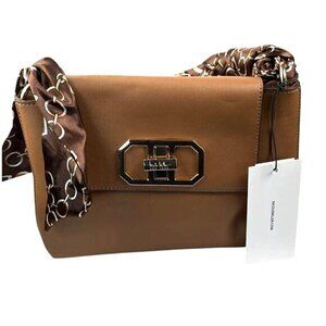 Nicole Miller Brown Vegan Leather Shoulder Bag With Gold Twist Lock Scarf Handle